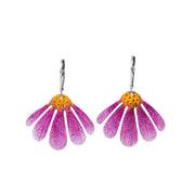 handmade purple coneflower earrings on white background