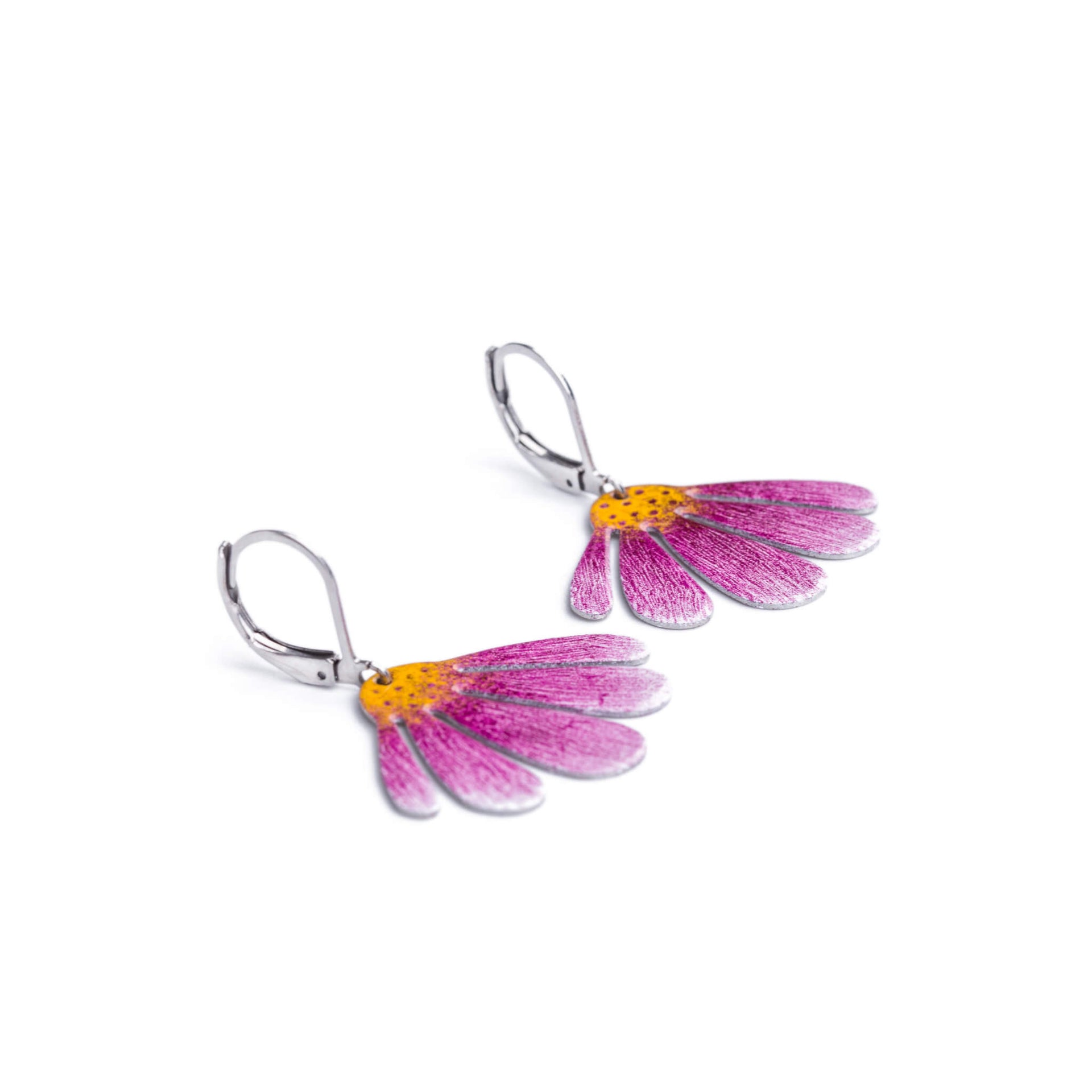 pink and purple echinacea earrings by PARADA Jewelry - a view from the side