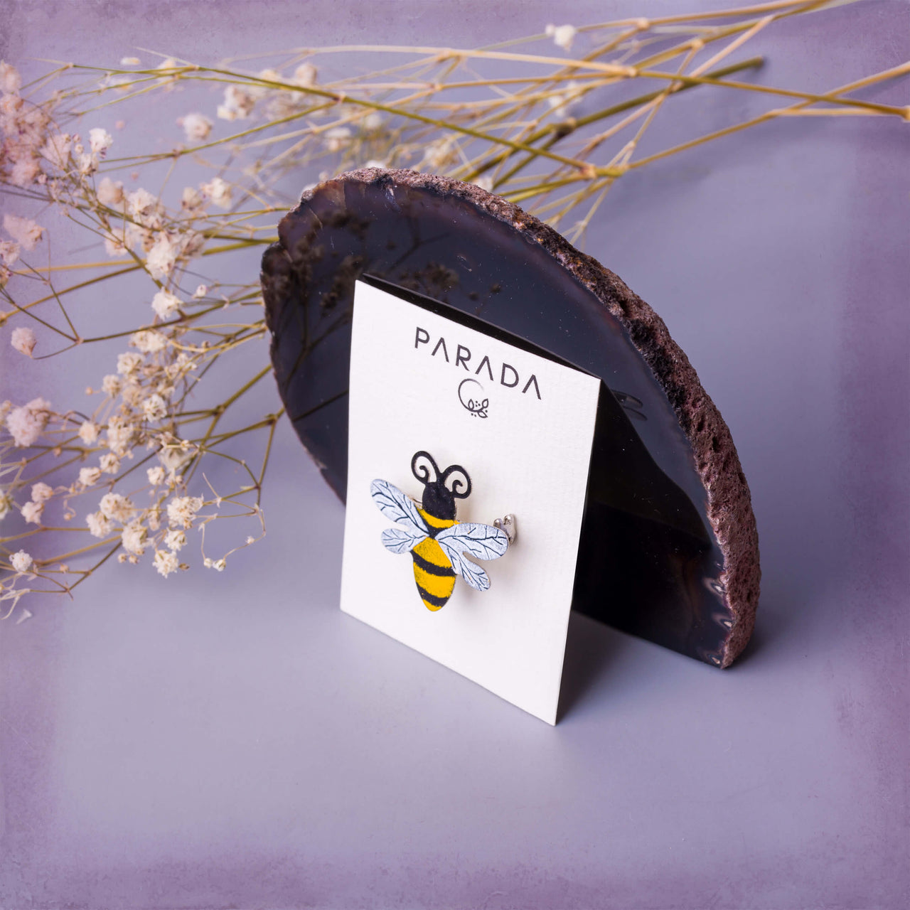 handmade bee brooch on a bradned Parada jewelry card