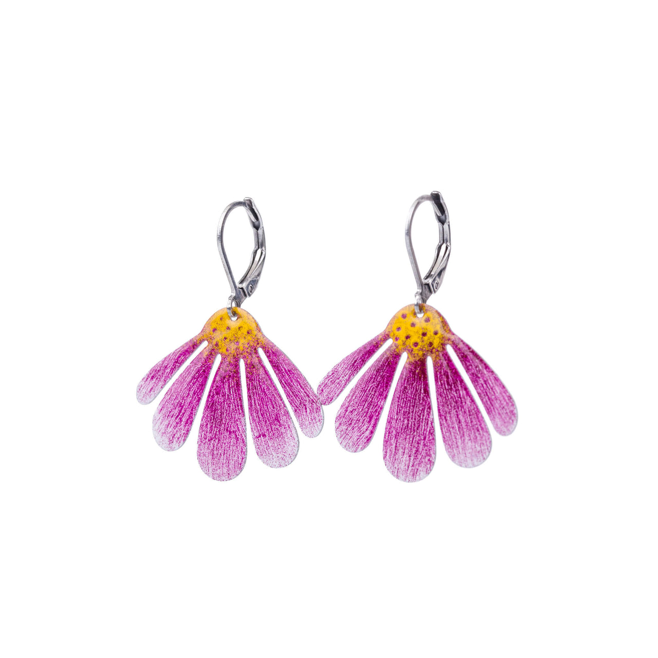 handmade echinacea earrings with lever back locking on white background front picture