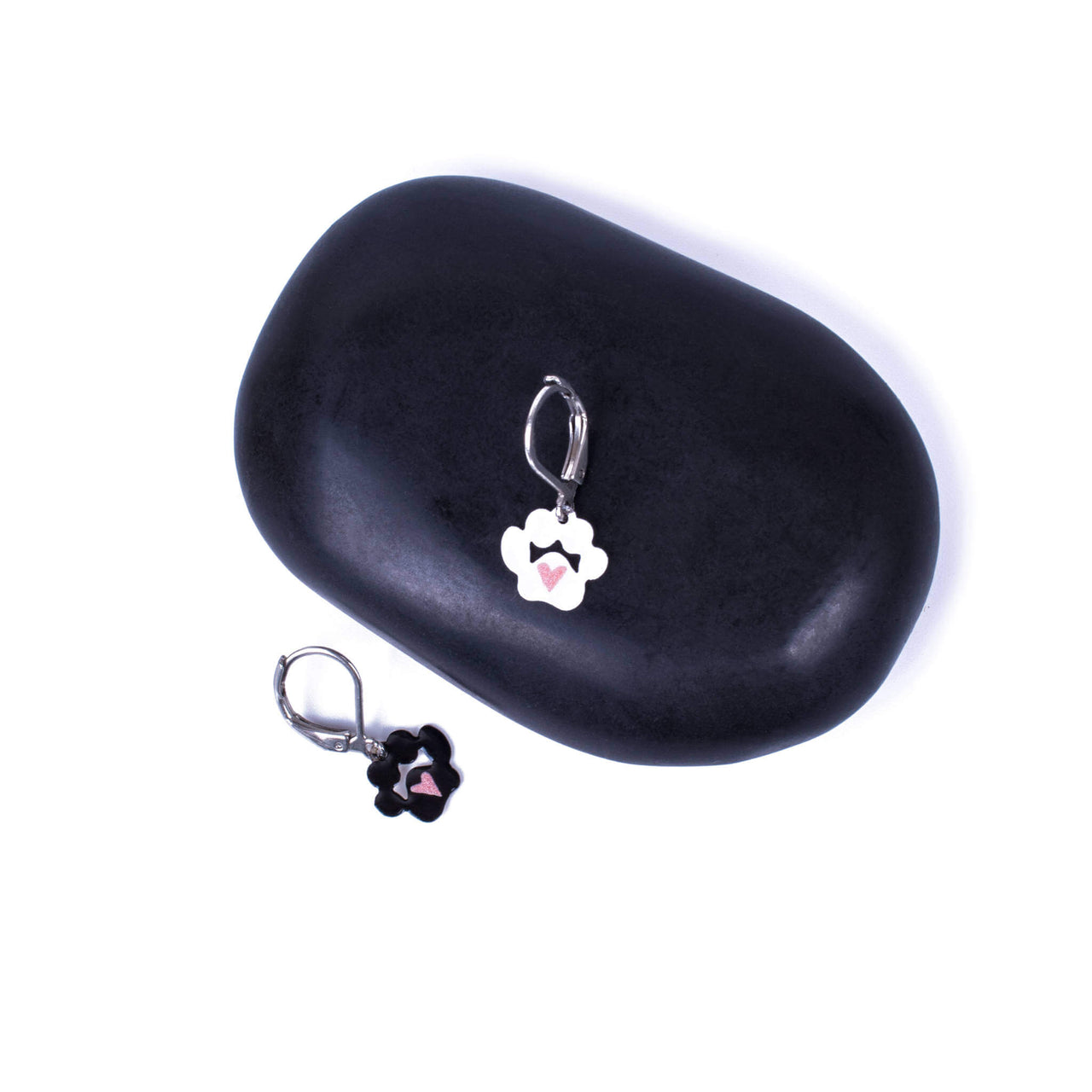 Mismatched Black and White Dog Paw Leverback Earrings