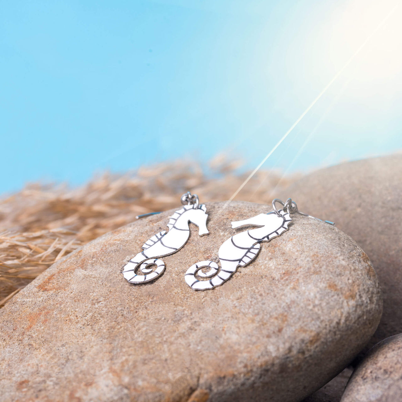 White seahorse earrings - enamel on stainless steel