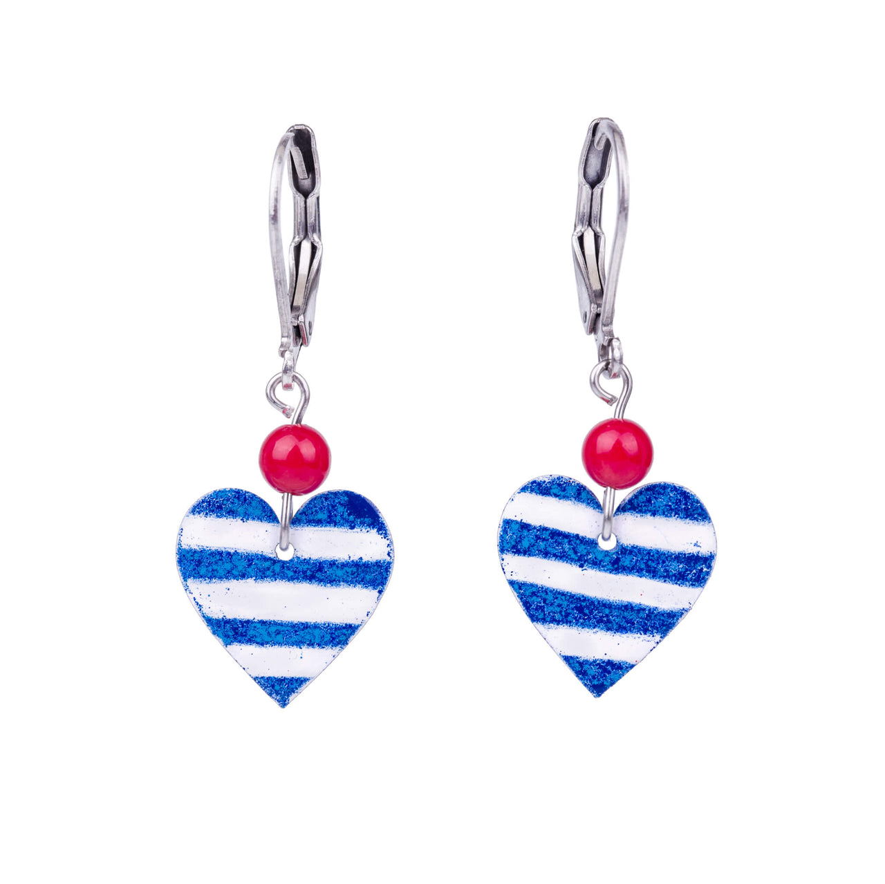 heart earrings with blue stripes and red coral beads  - front view