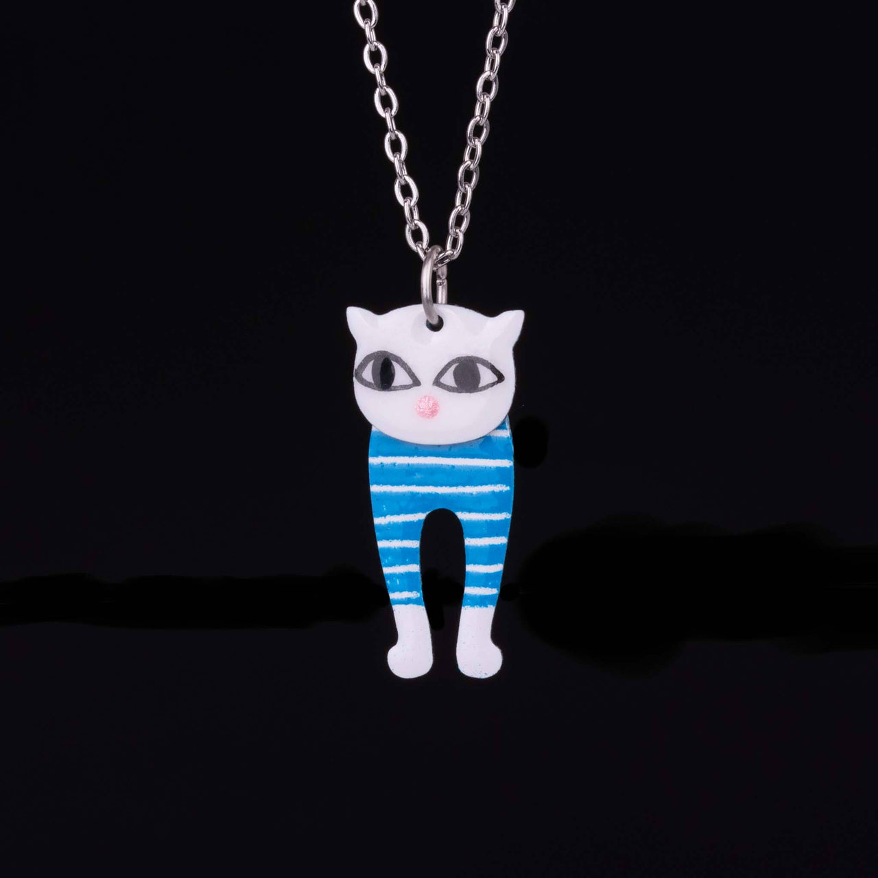 White Cat with Blue Stripes Necklace