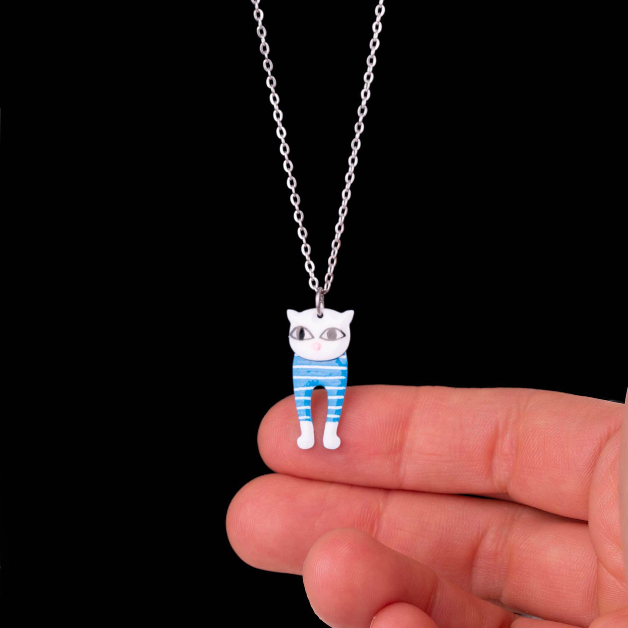 White Cat with Blue Stripes Necklace