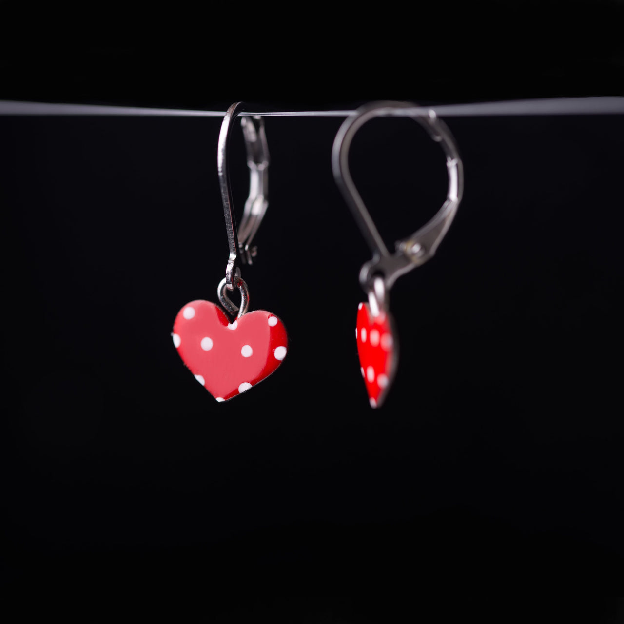 Red Heart Leverback Earrings with Polka Dots
