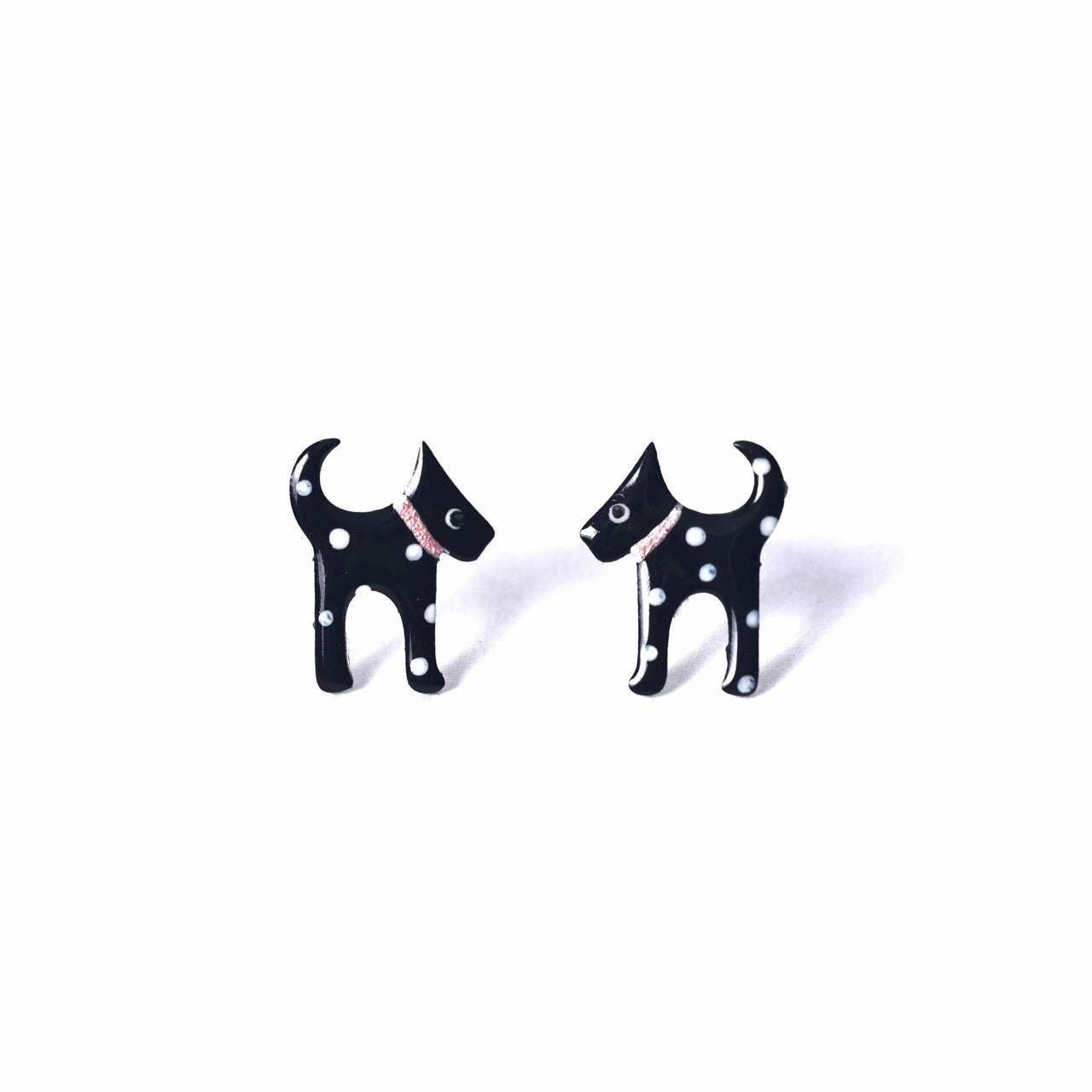 Black dog stud earrings with polka dots