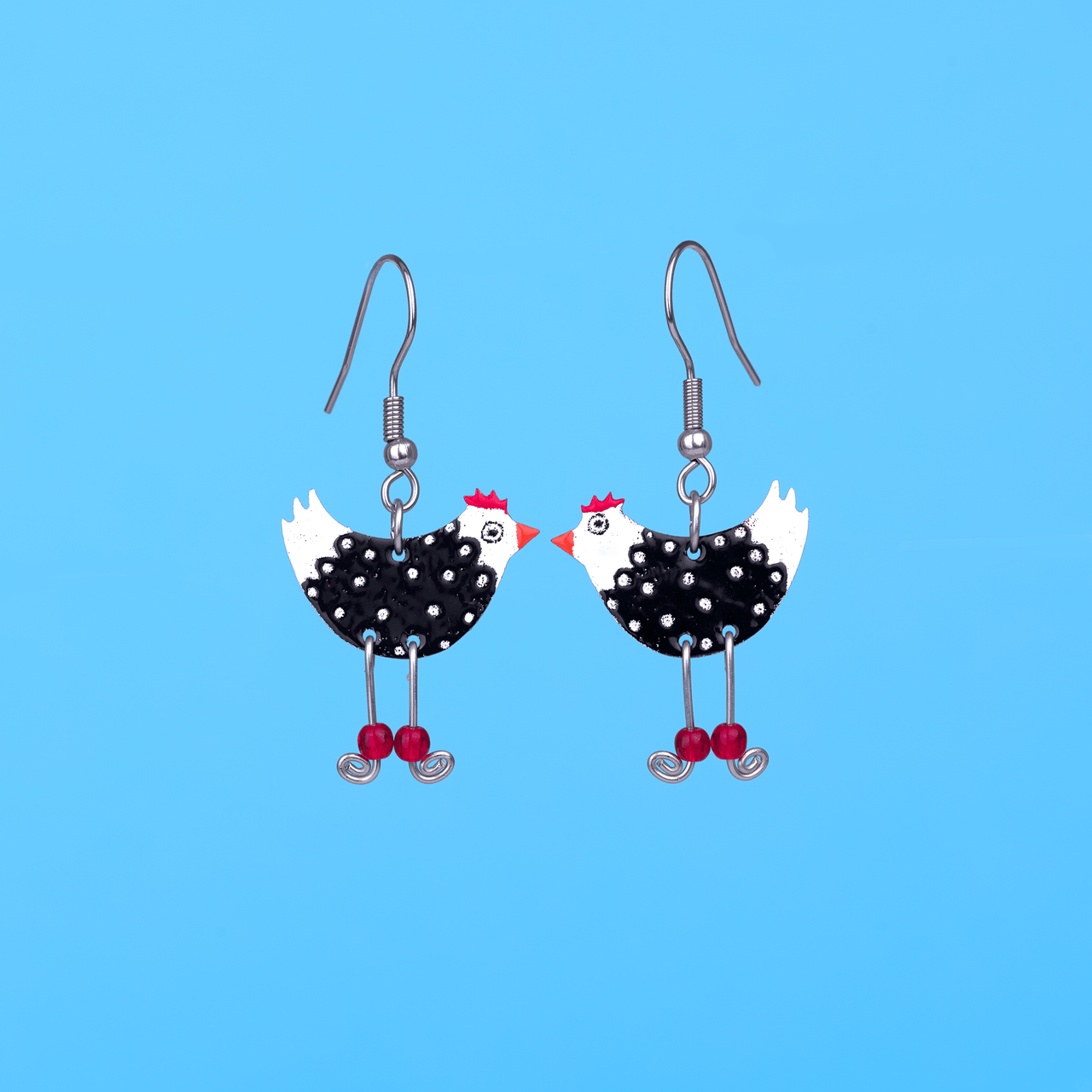 Black and White Chicken Earrings with Dangle Beaded Legs